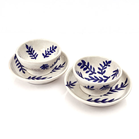 Handcrafted Jaipur Blue Pottery Bowl & Plate Set – Indigo Leaf Pattern