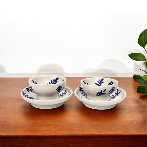 Handcrafted Jaipur Blue Pottery Bowl & Plate Set – Indigo Leaf Pattern