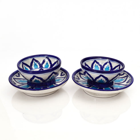 Handcrafted Jaipur Blue Pottery Bowl & Plate Set – Square Indigo Geometric Patterns