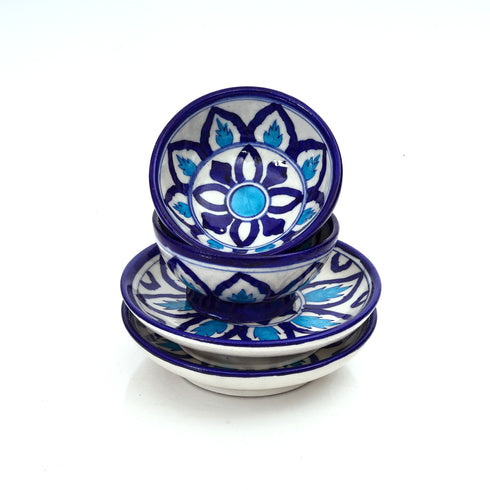 Handcrafted Jaipur Blue Pottery Bowl & Plate Set – Square Indigo Geometric Patterns