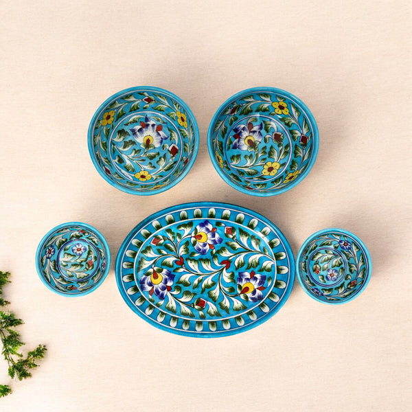 Handcrafted Jaipur Blue Pottery Oval Plate & Bowl Set - Floral Serveware for Dining & Gifting