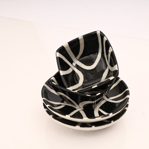 Handcrafted Jaipur Blue Pottery Plate & Bowl Set - Black & White Geometric Serveware for Dining & Gifting