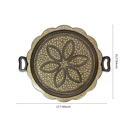 Handcrafted Kashmiri Paper Mache Black and Golden Round Tray—Chinar Leaf Patterns