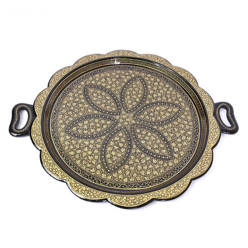 Handcrafted Kashmiri Paper Mache Black and Golden Round Tray—Chinar Leaf Patterns