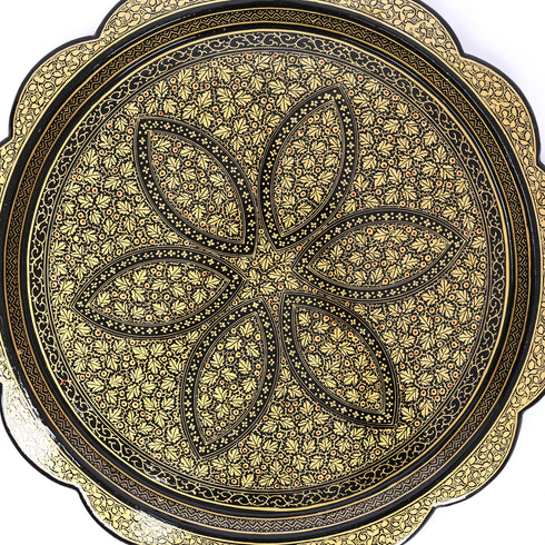 Handcrafted Kashmiri Paper Mache Black and Golden Round Tray—Chinar Leaf Patterns
