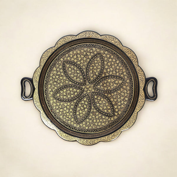 Handcrafted Kashmiri Paper Mache Black and Golden Round Tray—Chinar Leaf Patterns