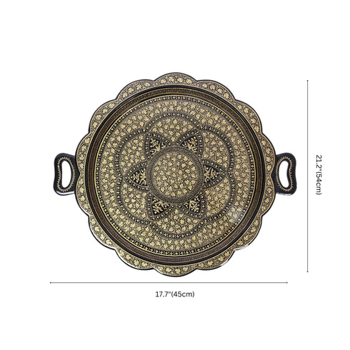 Handcrafted Kashmiri Paper Mache Black and Golden Round Tray—Chinar Leaves and Floral Patterns