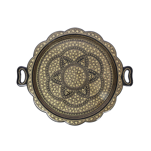 Handcrafted Kashmiri Paper Mache Black and Golden Round Tray—Chinar Leaves and Floral Patterns
