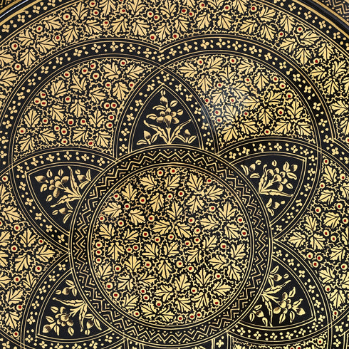 Handcrafted Kashmiri Paper Mache Black and Golden Round Tray—Chinar Leaves and Floral Patterns