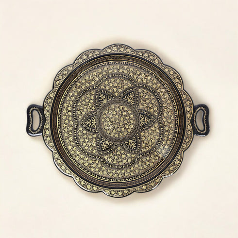 Handcrafted Kashmiri Paper Mache Black and Golden Round Tray—Chinar Leaves and Floral Patterns