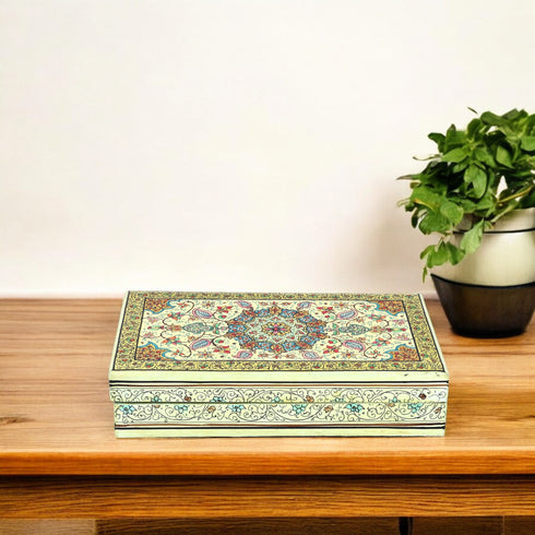 Handcrafted Kashmiri Paper Mache Multi-Utility Rectangular Box— Light Green