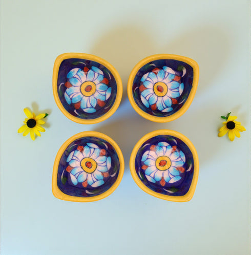 Handcrafted Leaf-Shaped Dual-Tone Blue Pottery Diyas Set