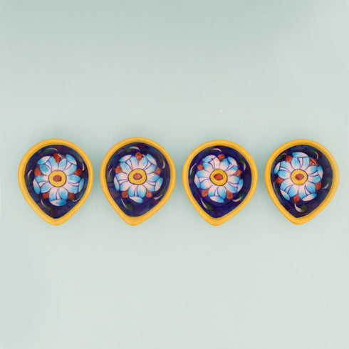 Handcrafted Leaf-Shaped Dual-Tone Blue Pottery Diyas Set