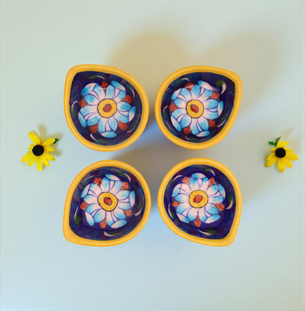 Handcrafted Leaf-Shaped Dual-Tone Blue Pottery Diyas Set