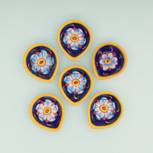 Handcrafted Leaf-Shaped Dual-Tone Blue Pottery Diyas Set