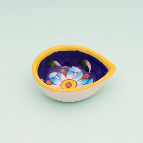 Handcrafted Leaf-Shaped Dual-Tone Blue Pottery Diyas Set