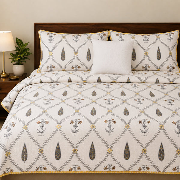 Handcrafted Leaf and Bloom Cotton King Size Bedsheet, Pillow Cover & Dohar (4-piece set)