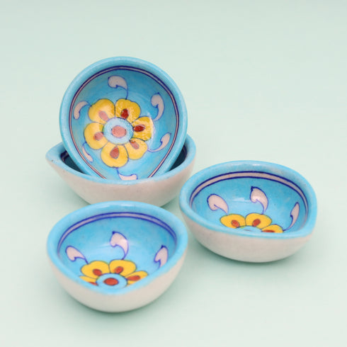 Handcrafted Light Blue - Blue Pottery Diyas Set - Leaf-Shaped