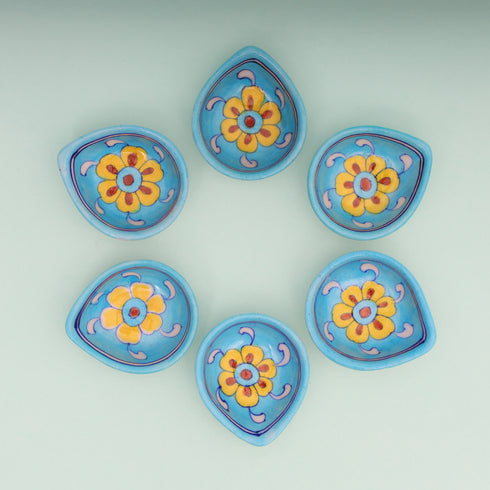 Handcrafted Light Blue - Blue Pottery Diyas Set - Leaf-Shaped