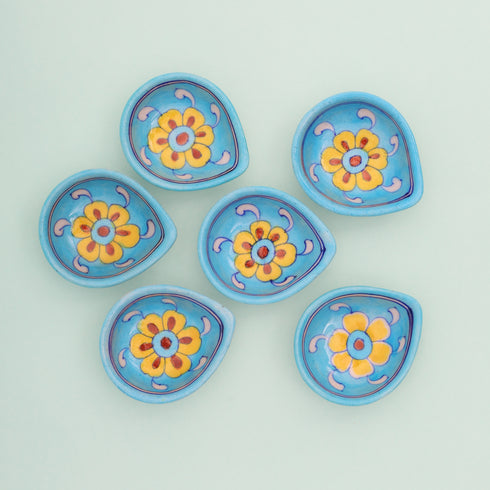 Handcrafted Light Blue - Blue Pottery Diyas Set - Leaf-Shaped