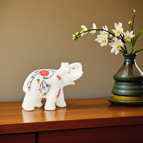 Handcrafted Marble Inlay Elephant (Orange/Royal Blue)