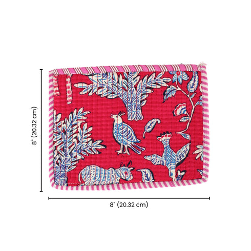 Handcrafted Maroon Quilted Forest Organizer Zip Pouch – Hand Block Print