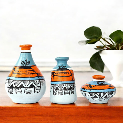 Handcrafted Multicolour Terracotta Pots for Home Decor - Set of 3 - Madhubani Hand Painting