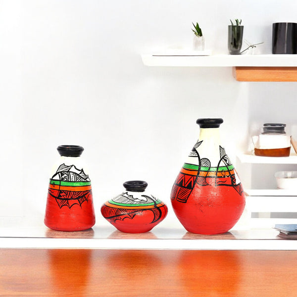 Handcrafted Multicolour Terracotta Pots for Home Decor - Set of 3 - Madhubani Painting