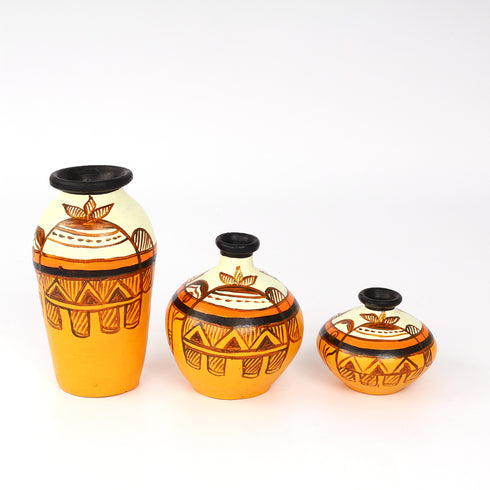 Handcrafted Orange and yellow Terracotta Pots for Home Decor - Set of 3 - Madhubani Hand Painting