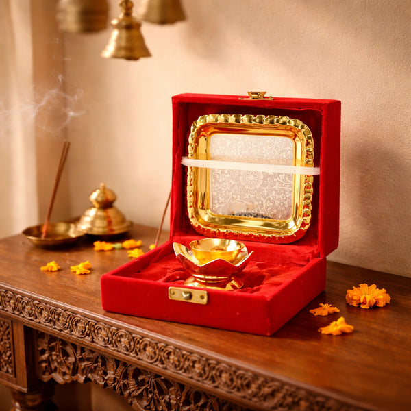 Handcrafted Premium Brass Diya and Plate Set