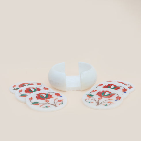 Handcrafted Red Marble Inlay coasters 2 (Set of 6) - Pacchikari Stone Inlay Technique