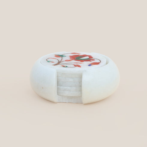 Handcrafted Red Marble Inlay coasters 2 (Set of 6) - Pacchikari Stone Inlay Technique