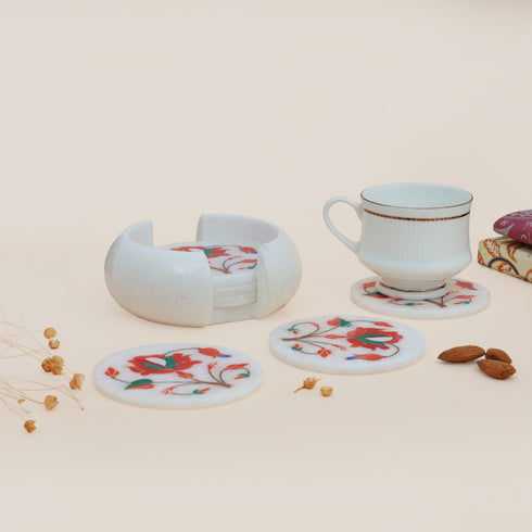 Handcrafted Red Marble Inlay coasters 2 (Set of 6) - Pacchikari Stone Inlay Technique