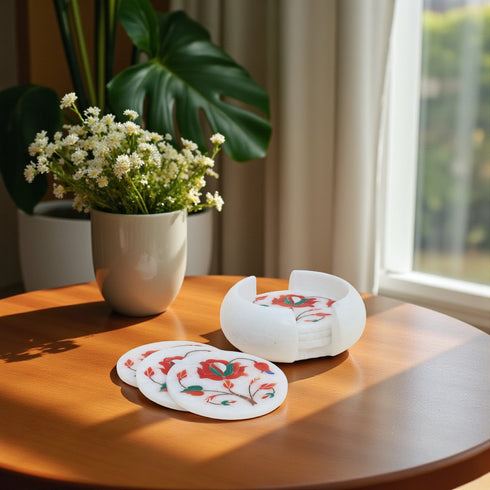 Handcrafted Red Marble Inlay coasters (Set of 6) - Pacchikari Stone Inlay Technique