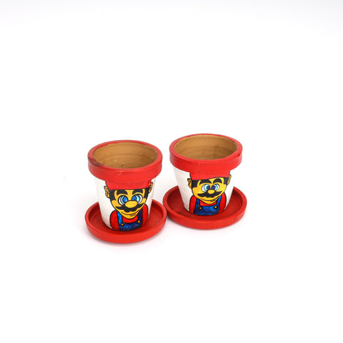 Handcrafted Red and White Terracotta Planters - Set of 2 - Mario Hand Painting