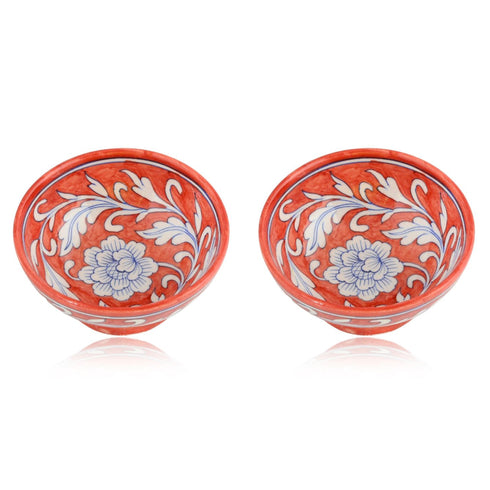 Handcrafted Reddish Brown Round Blue Pottery Bowls—Set of 2—Floral Pattern—6”
