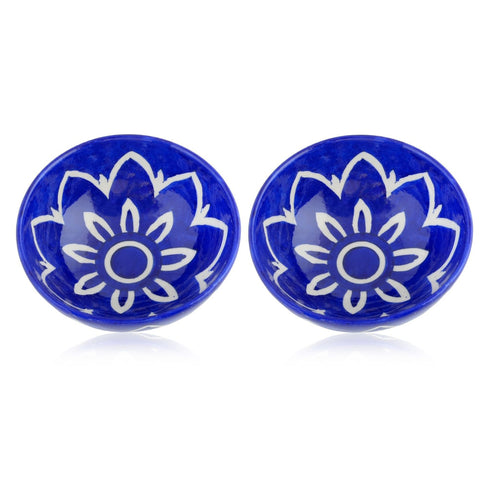 Handcrafted Round Blue Pottery Bowls—Set of 2—Floral Pattern—6”