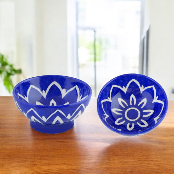 Handcrafted Round Blue Pottery Bowls—Set of 2—Floral Pattern—6”