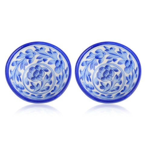 Handcrafted Round Blue Pottery Bowls—Set of 2—Floral Patterns—6”