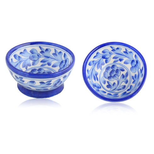 Handcrafted Round Blue Pottery Bowls—Set of 2—Floral Patterns—6”