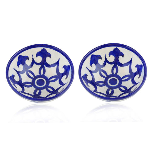 Handcrafted Round Blue Pottery Bowls—Set of 2—Geometric and Floral Pattern—6”
