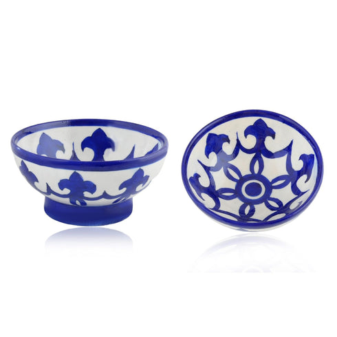 Handcrafted Round Blue Pottery Bowls—Set of 2—Geometric and Floral Pattern—6”