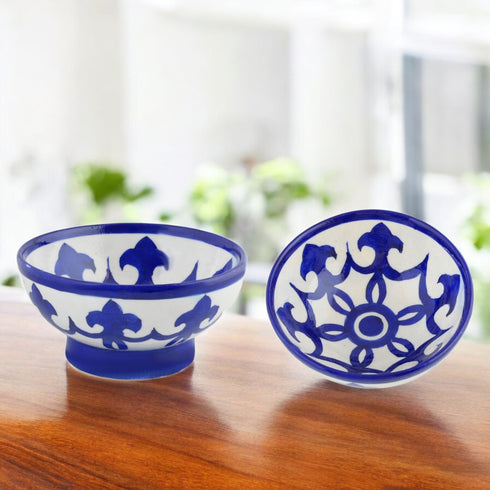 Handcrafted Round Blue Pottery Bowls—Set of 2—Geometric and Floral Pattern—6”