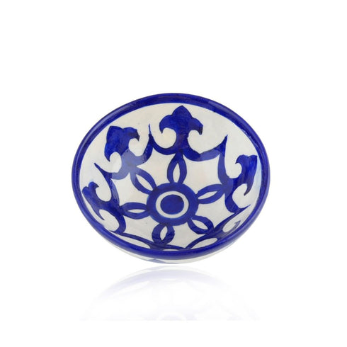 Handcrafted Round Blue Pottery Bowls—Set of 2—Geometric and Floral Pattern—6”