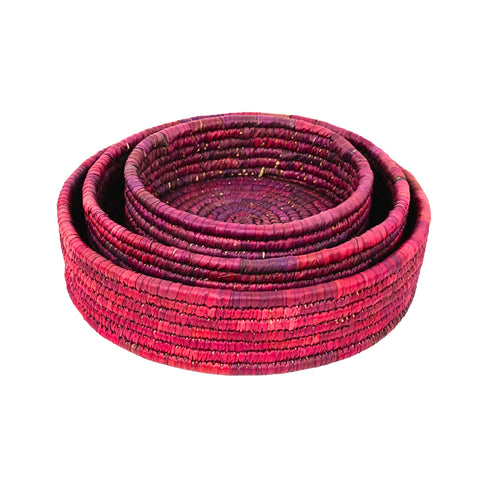 Handcrafted Sabai Grass Round Storage Baskets – Set of 3 - Purple