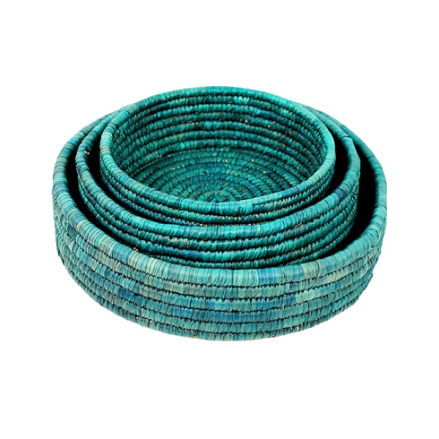 Handcrafted Sabai Grass Round Storage Baskets – Set of 3 - Teal