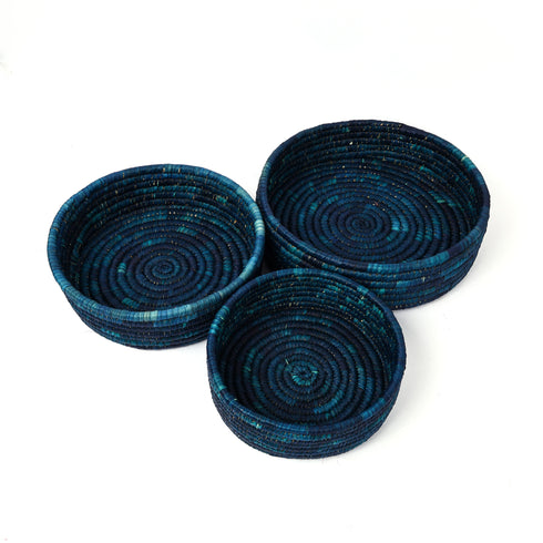 Handcrafted Sabai Grass Round Storage Baskets – Set of 3—Blue