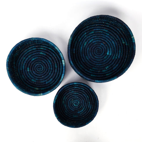 Handcrafted Sabai Grass Round Storage Baskets – Set of 3—Blue