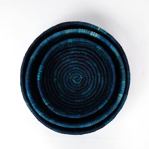 Handcrafted Sabai Grass Round Storage Baskets – Set of 3—Blue