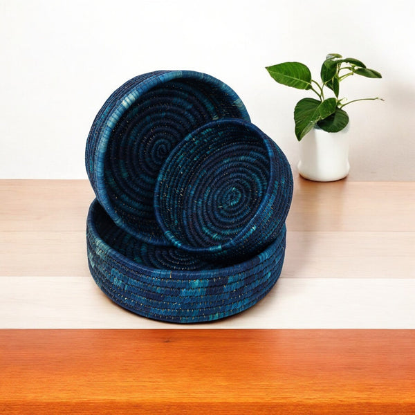 Handcrafted Sabai Grass Round Storage Baskets – Set of 3—Blue